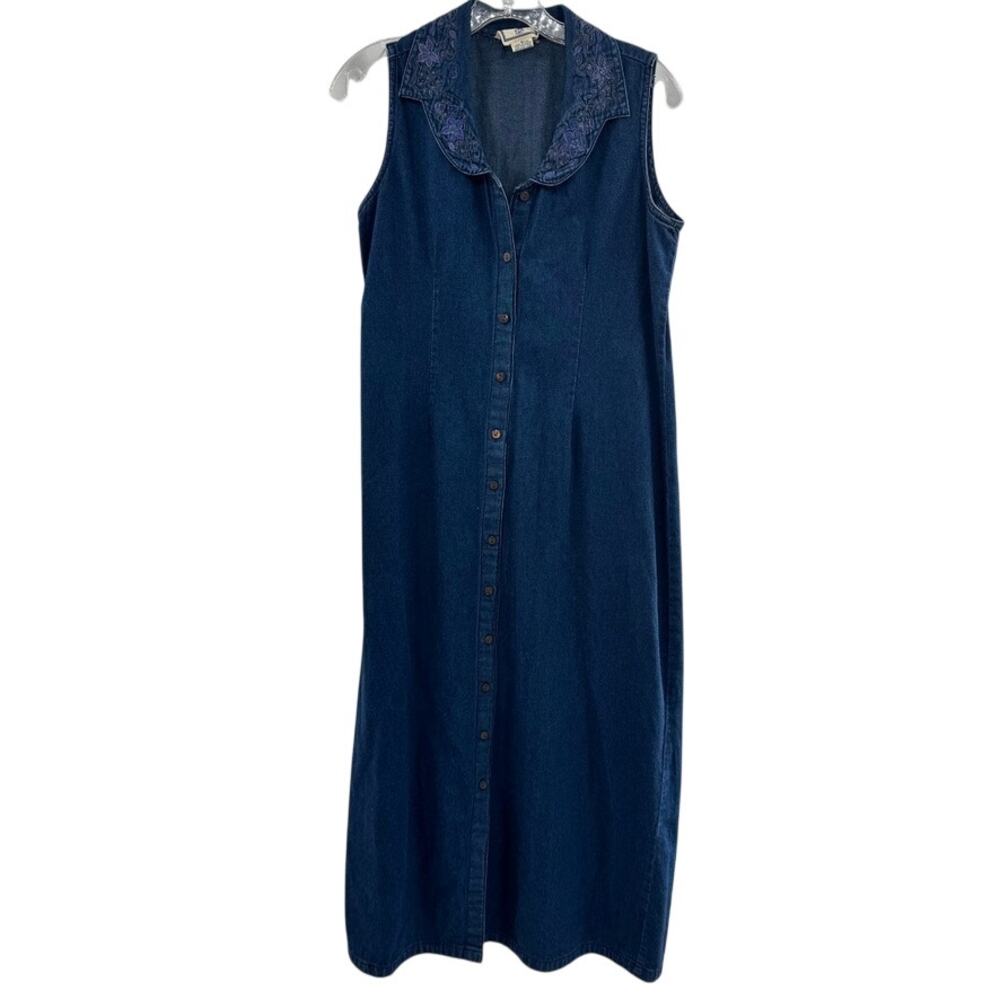 Vtg April Cornell Chambray Denin Midi Dress Sz S Button Front Embroidered Blue